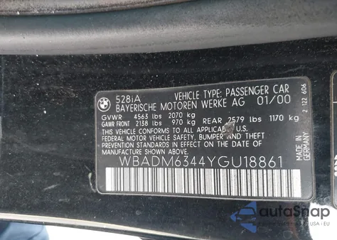 2000 BMW 528Ia from USA, damaged, VIN WBADM6344YGU18861